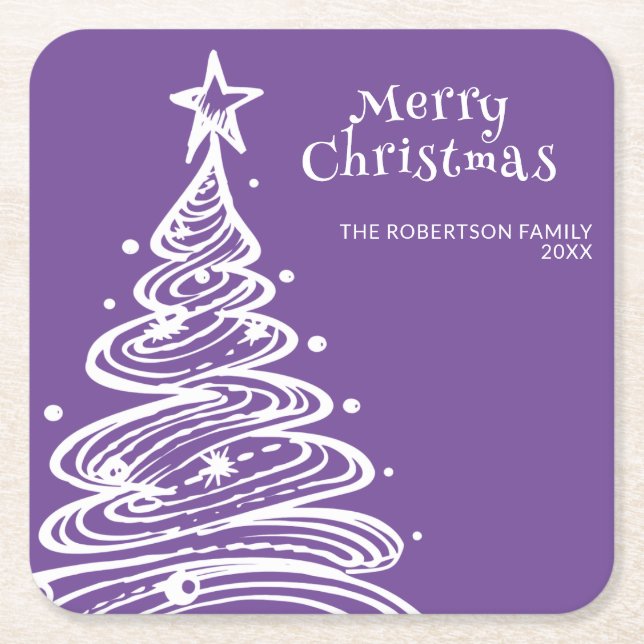 Purple White Christmas Tree Party Square Paper Coaster (Front)