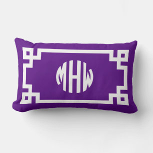 Purple White Circle Monogram Greek Key DIY BG Lumbar Pillow