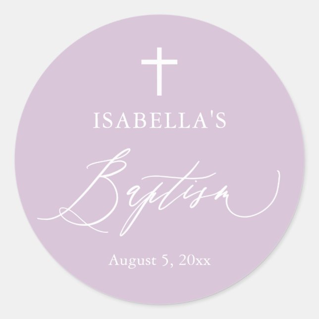 Purple White Cross Girl Baptism Round Sticker (Front)