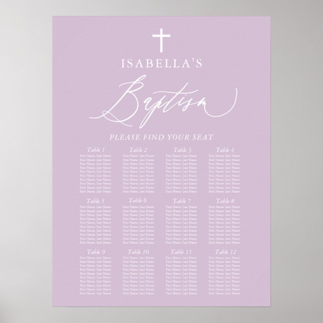 Purple White Cross Girl Baptism Seating Chart Sign (Front)