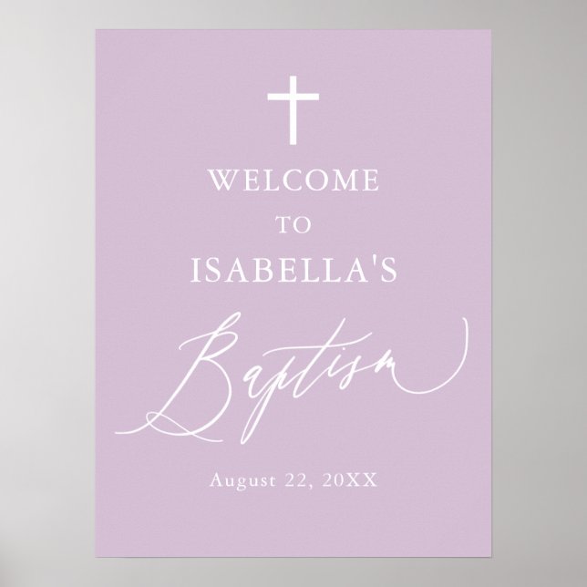 Purple White Cross Girl Baptism Welcome Sign (Front)