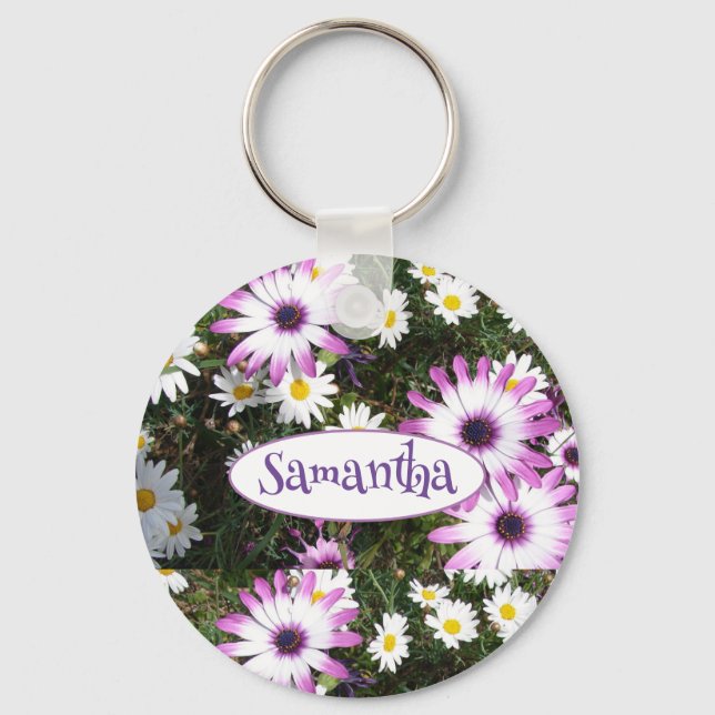 Purple White Daisy Flower Garden Customizable Name Keychain (Front)
