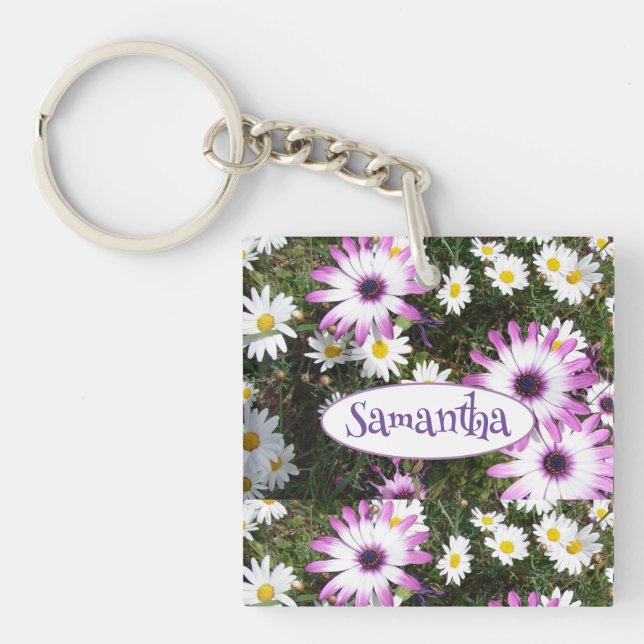 Purple White Daisy Flower Garden Customizable Name Keychain (Front)