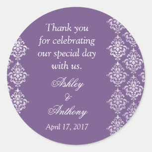 Purple White Damask Arabesque Personalized Wedding Classic Round Sticker