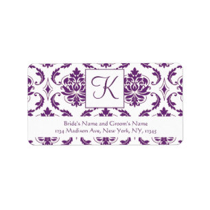Purple White Damask Monogram Wedding Address Label
