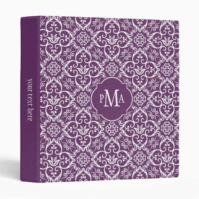 Purple & White Damask Pattern Monogram Binder (Front/Spine)
