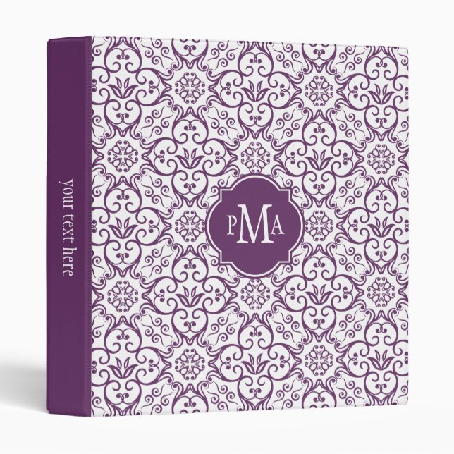 Purple & White Damask Pattern Monogram Binder (Front/Spine)