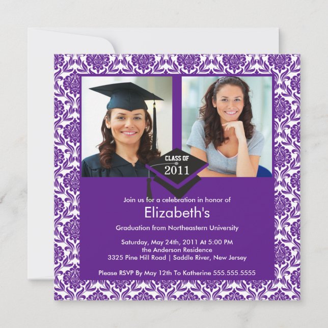 Purple & White Damask Photo Graduation Invitation (Front)
