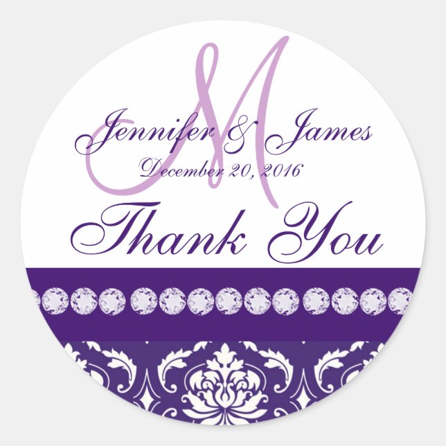 Purple White Damask Thank You Wedding Favour Classic Round Sticker (Front)