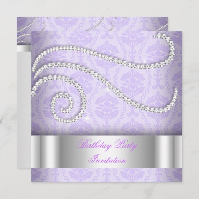 Purple White Diamonds Damask Birthday Party Invitation (Front/Back)