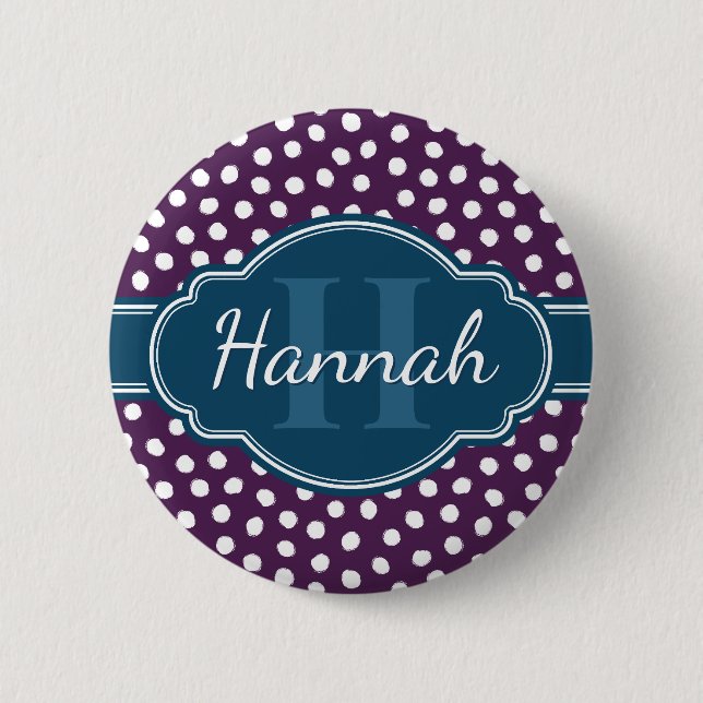 Purple White Dotted Pattern Navy Monogram 2 Inch Round Button (Front)