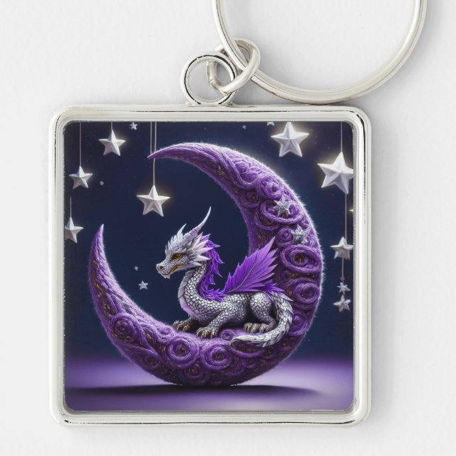 Purple & White Dragon On A Crescent Moon  Keychain (Front)