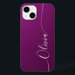 Purple White Elegant Calligraphy Script Name Case-Mate iPhone 14 Case<br><div class="desc">Purple Shimmer White Elegant Calligraphy Script Custom Personalized Name iPhone 14 Smart Phone Cases features a modern and trendy simple and stylish design with your personalized name in elegant hand written calligraphy script typography on a metallic purple shimmer background. Designed by ©Evco Studio www.zazzle.com/store/evcostudio</div>