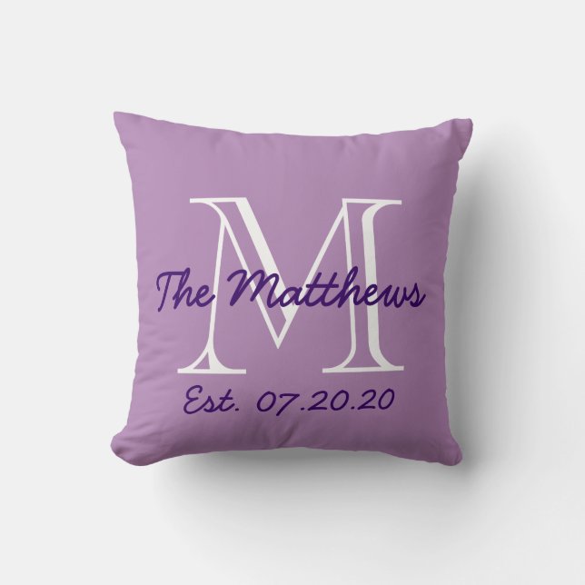 Purple White Family Monogram Throw Pillow (Front)