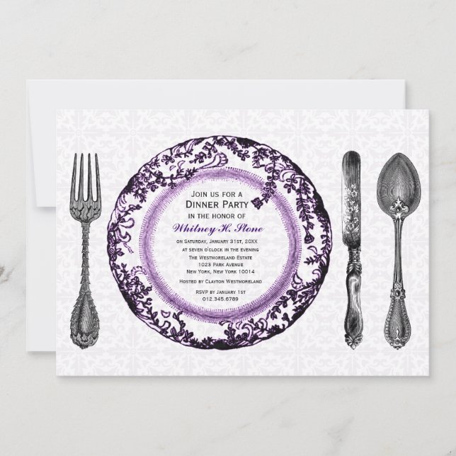 Purple White Fine Dining Dinner Party Invitation (Front)