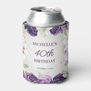 Purple White Floral 40th Birthday  Can Cooler