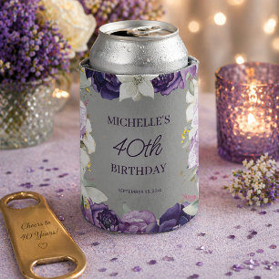 Purple White Floral 40th Birthday Can Cooler