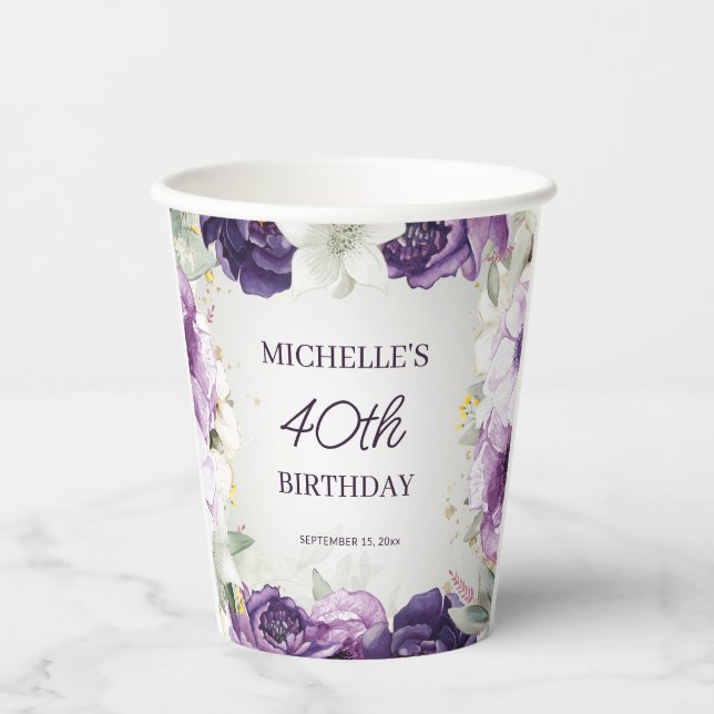 Purple White Floral 40th Birthday  Paper Cups (Front)