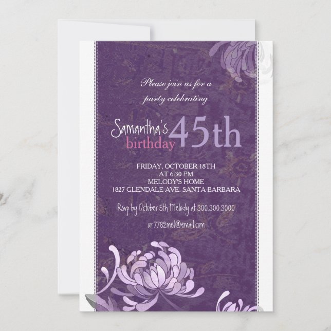 Purple White Floral 45th Birthday Party Invitation (Front)