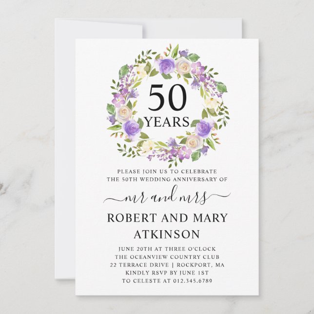 Purple White Floral 50th Wedding Anniversary Invitation (Front)
