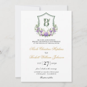 Purple White Floral Crest Wedding Invitation