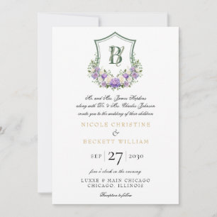 Purple White Floral Crest Wedding Invitation