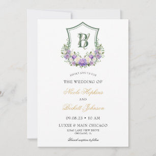 Purple White Floral Crest Wedding Invitation