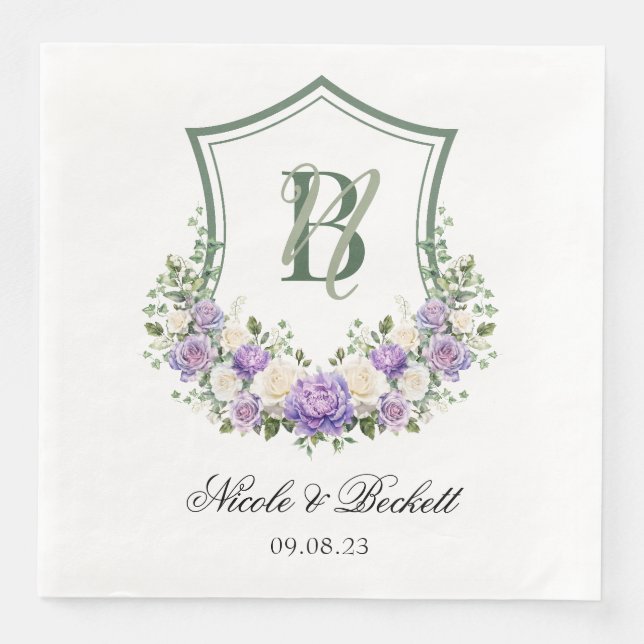 Purple White Floral Crest Wedding Napkin (Front)