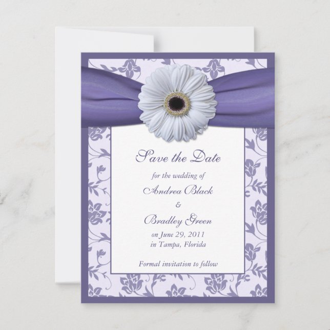 Purple White Floral Damask Save the Date Card (Front)