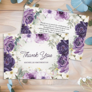 Purple White Floral Glitter Birthday Thank You Card