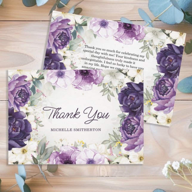 Purple White Floral Glitter Birthday Thank You Card (Purple floral birthday party "Thank you" card for women.)