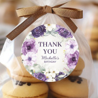 Purple White Floral Glitter Birthday Thank You