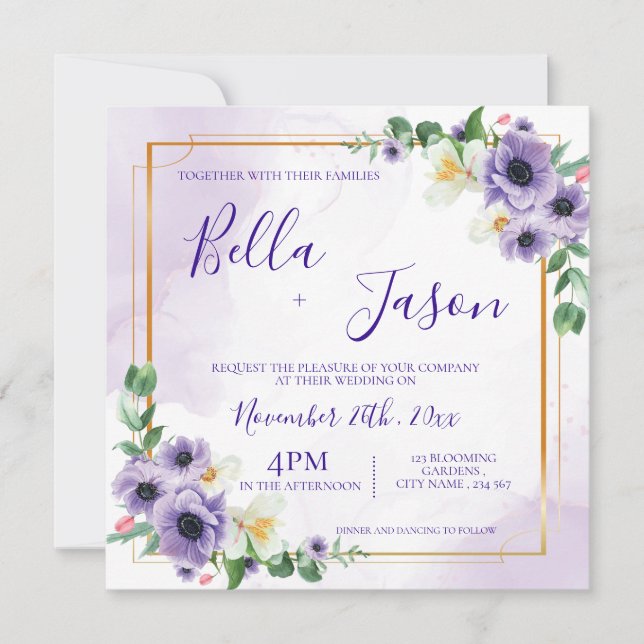 Purple White Floral Gold Frame Wedding Invitation (Front)