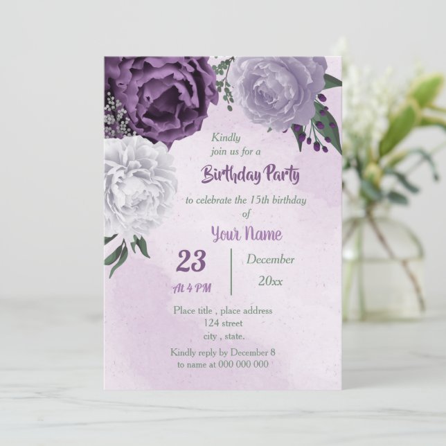 purple & white floral greenery birthday party invitation (Standing Front)