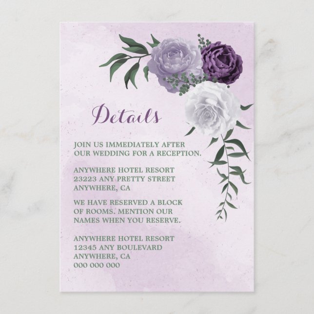 purple & white floral greenery details enclosure card (Front)