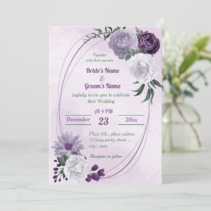 purple & white floral greenery geometric wedding invitation