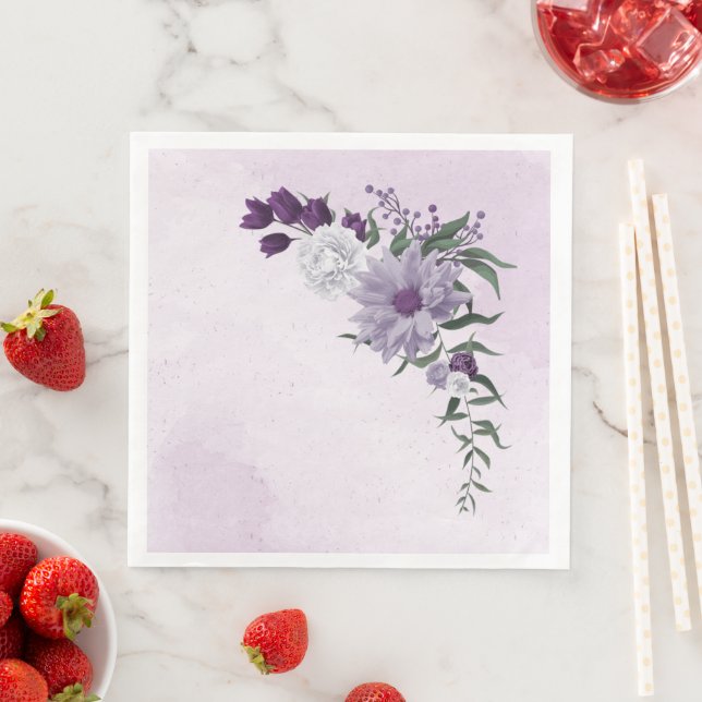 purple & white floral greenery wedding napkin (Insitu)