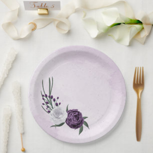purple & white floral greenery wedding paper plate