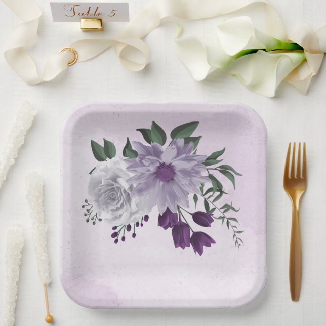 purple & white floral greenery wedding paper plate (Wedding)