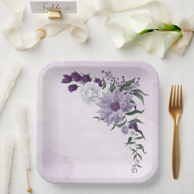 purple & white floral greenery wedding paper plate (Wedding)