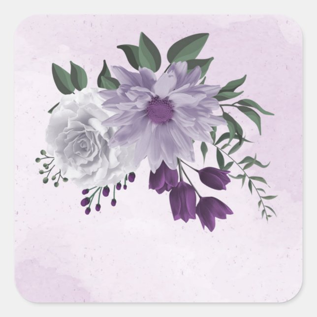 purple & white floral greenery wedding square sticker (Front)