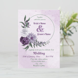 purple & white floral greenery wreath wedding invitation