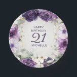 Purple White Floral Happy Birthday Name Age Paper Plate<br><div class="desc">Elegant custom birthday party paper plate for women with pretty white and purple hand-painted springtime or summer flowers and sage green leaves accented with gold glitter. Custom text says, "Happy Birthday". Personalized with the name of the guest of honour and her age. Contact me for assistance with your customizations or...</div>