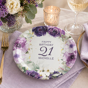 Purple White Floral Happy Birthday Name Age Paper Plate