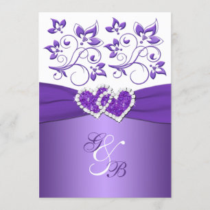 Purple & White Floral Joined Hearts Wedding Invite
