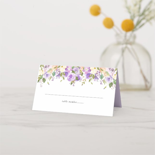 Purple White Floral Monogram Wedding Place Card (Front)