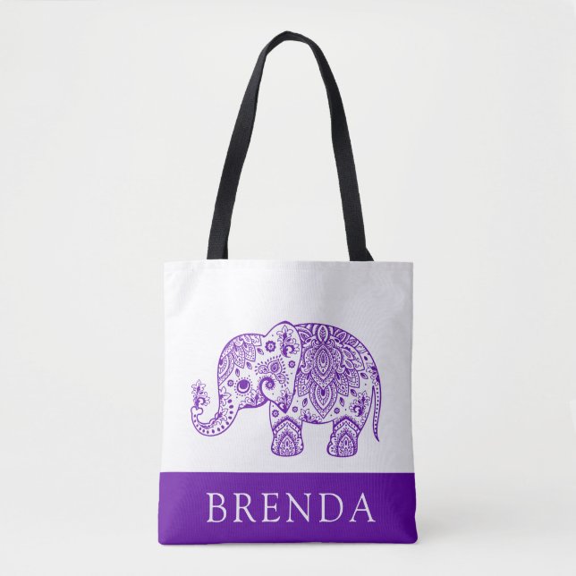 Purple & White Floral Paisley Elephant Tote Bag (Front)