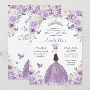 Purple White Floral Princess Quinceañera XV 16 Invitation