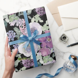 Purple White Floral Rose Black Background Wrapping Paper