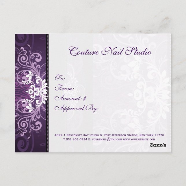 Purple & White Floral Swirl Gift Certificate Postcard (Back)